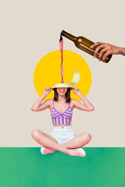 Vertikale Collage Kreativ Poster Lächeln Glücklich Aufgeregt Junge Frau Sitzen — Stockfoto