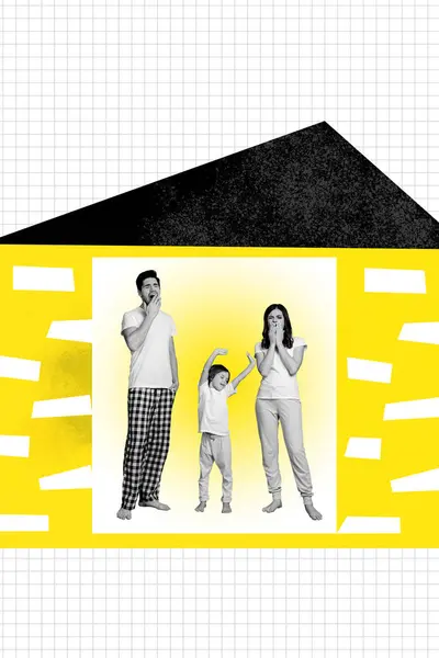 Vertical Créatif Collage Image Noir Blanc Filtre Jeune Somnolent Famille — Photo