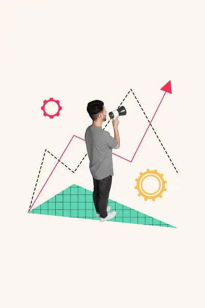 Vertical collage poster standing young man announce loudspeaker successful plan strategy business progress white background.