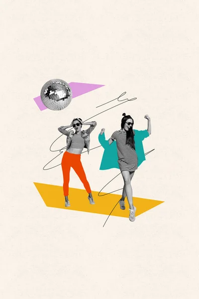 Kreative Vertikale Collage Junge Stilvolle Fröhliche Mädchen Tanzen Party Clubbing — Stockfoto