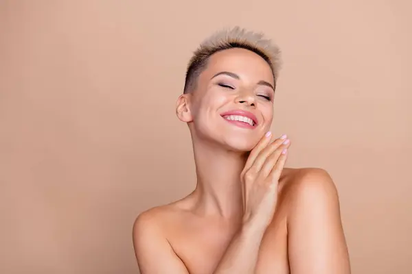 Photo Charming Happy Girl Touch Cheeks Enjoy Pure Skin Rejuvenation — Stock Photo, Image