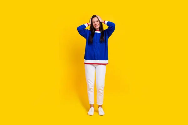 Full Length Size Photo Depressed Lady Blue Jumper Hands Touch — Stock Photo, Image
