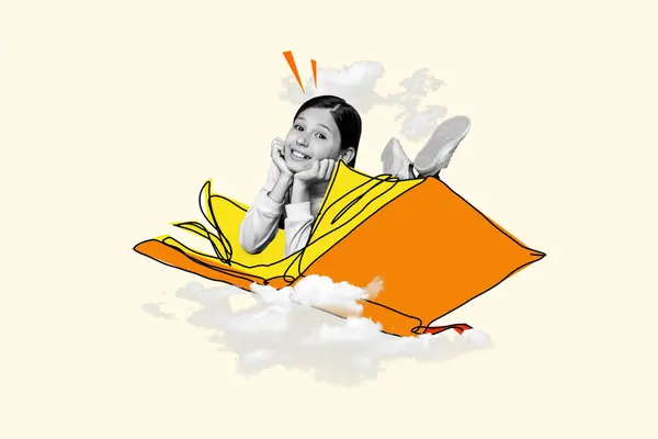Творческий Коллаж Картинка Иллюстрация Маленькая Мечтательная Улыбка Девочка Читала Литературу — стоковое фото