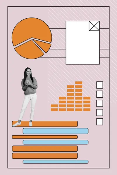 Vertical collage illustration black white effect beautiful lovely lady look data analysis charts diagram exclusive pink background.