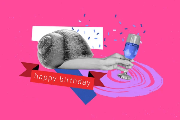 Collage 3d pinup pop retro sketch image of arm growing snail shell wishing happy birthday isolated pink color background.