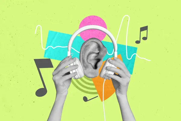 Foto Cartel Collage Ilustración Oído Humano Escuchar Auriculares Con Cable — Foto de Stock