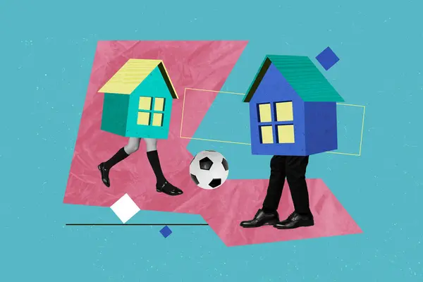 Creative Poster Collage Two Funny Houses Playing Football Family Have — Stock Photo, Image