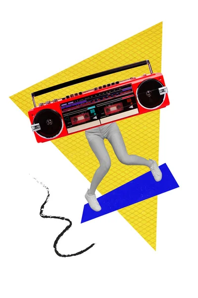 Vertical creative picture collage dancing bodyless young girl having fun celebrate party event boombox music listener white background.