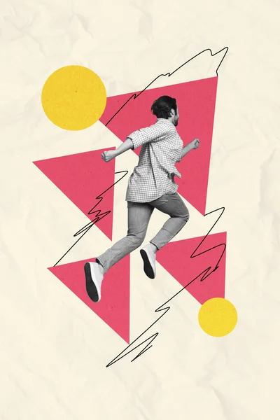 Vertical Artwork Photo Collage Dreamy Young Guy Fly Run Using — Stock Photo, Image