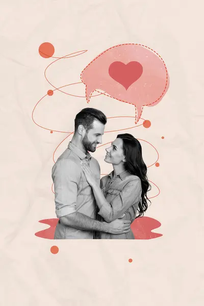Pionowe Romantyczne Zdjęcie Kolaż Cute Para Dwóch Partnerów Przytulić Dotyk — Zdjęcie stockowe