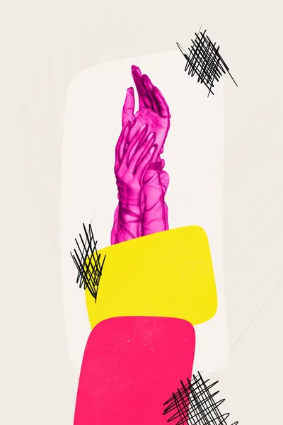Vertikal Collage Kreativ Affisch Två Färgglada Karikatyr Mänskliga Händer Hålla — Stockfoto