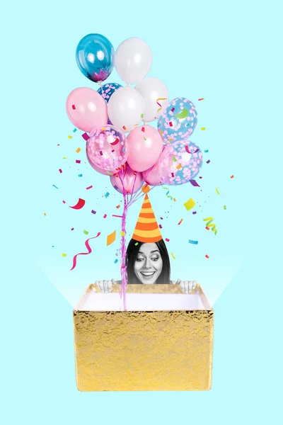 Collage Tarjeta Felicitación Divertida Vertical Mujer Alegre Joven Celebrando Cumpleaños —  Fotos de Stock