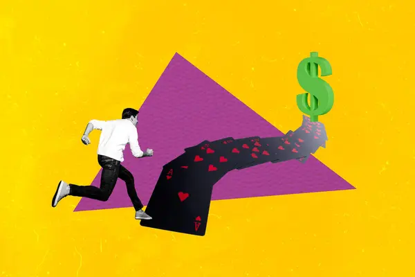 Collage Picture Artwork Purposeful Guy Running Earning Money Casino Playing — Stock Photo, Image
