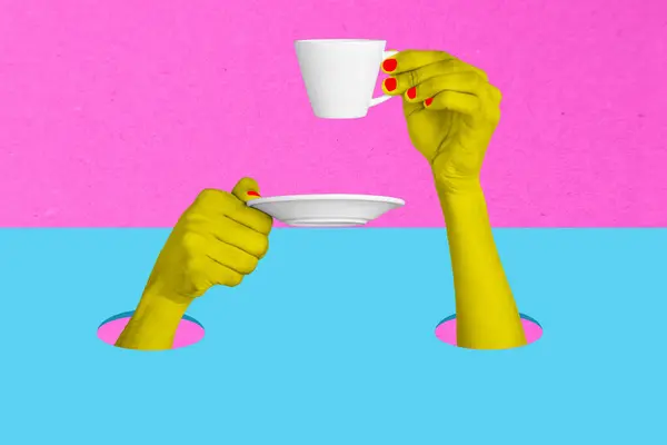 Horizontal magazine photo collage of two hands hold teacup drink hot tasty coffee concept of break rest pause on creative background.
