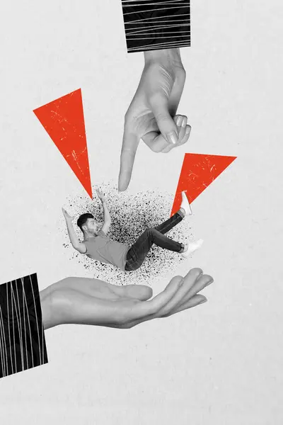 Vertical Creative Photo Collage Illustration Huge Arm Directing Push Falling — Stock Photo, Image