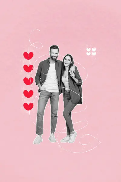 Kolaż Powitalny Obraz Szczęśliwych Małżeństw Przytulających Się Razem Różowym Tle — Zdjęcie stockowe