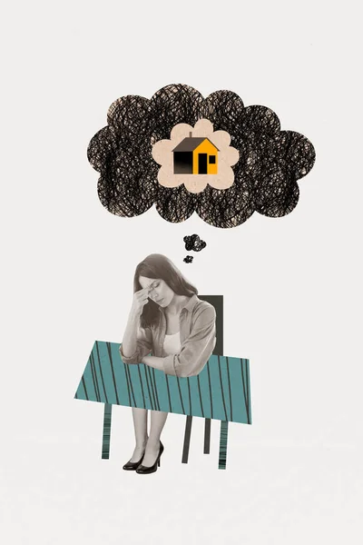 Collage Fotografico Verticale Giovane Donna Seduta Sconvolto Stressato Depresso Pensare — Foto Stock