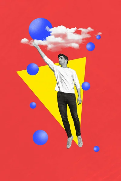 Collage Fotos Surrealistas Verticales Joven Soñando Volar Alto Cielo Superman — Foto de Stock