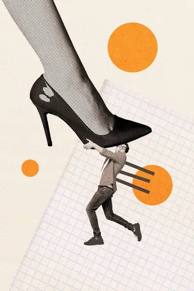 Vertical montage photo collage of scared miniature man hold giant feet in high heels domination aggression on checkered page background.