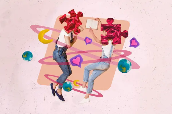 魅力的なカップルの創造的なアートワークテンプレートコラージュ 2パズル半分代わりにヘッドを楽しむバレンタインデー隔離されたピンク色の背景 — ストック写真