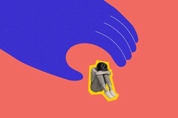 Collage Creativo Imagen Ilustración Tristeza Apatía Deprimido Joven Sentarse Necesidad —  Fotos de Stock