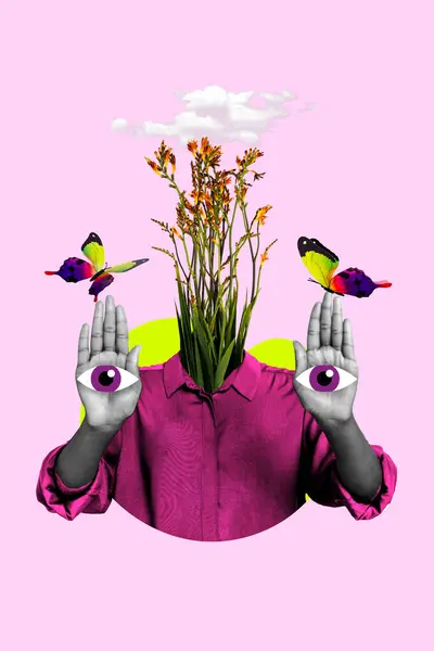 Collage image artwork of unusual weird guy with strange growing grass plant instead face and eyes on arms.