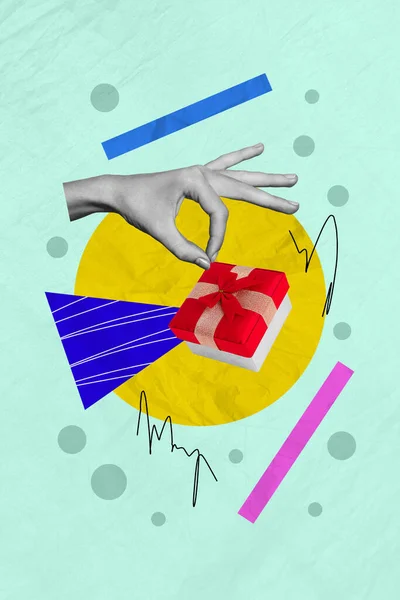 Vertikalt Collage Kreativ Affisch Monokrom Effekt Hand Överraskning Present Box — Stockfoto