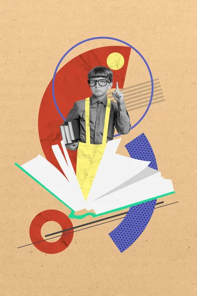 Verticale Creatieve Kunstwerk Illustratie Collage Van Slimme School Jongen Geek — Stockfoto