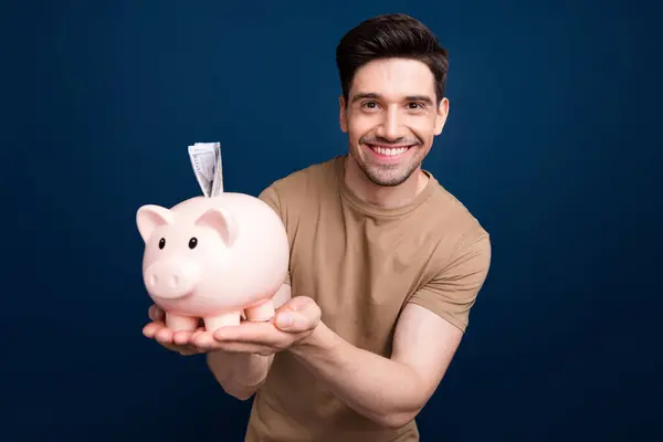Photo Attractive Rich Man Wear Stylish Clothes Hands Showing Piggy — Stock Photo, Image