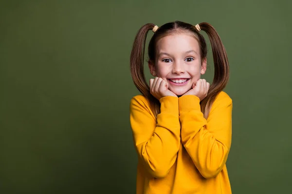 Kuyruklu Sevimli Neşeli Okul Kızının Fotoğrafı Sarı Kazaklı Haki Rengi — Stok fotoğraf