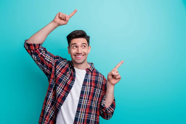 Photo Cheerful Positive Man Dressed Plaid Shirt Looking Pointing Two — Stock Photo, Image
