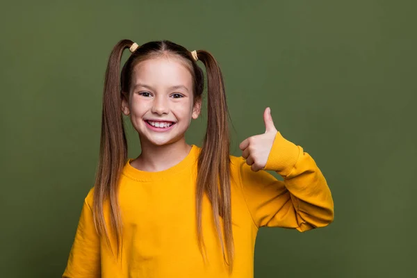 Retrato Dentes Satisfeitos Irradiando Criança Pequena Com Caudas Vestido Camisola — Fotografia de Stock