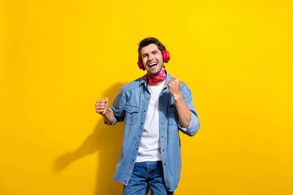 Photo Portrait Handsome Young Guy Dancing Listen Music Raise Fists — Stock Photo, Image