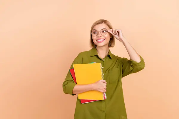 Photo Intelligent Woman Touch Glasses Hold Copybooks Look Course Announcement — Stock Photo, Image