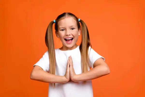 Photo Portrait Cute Little Lady Hands Together Praying Excited Make — Stock Photo, Image