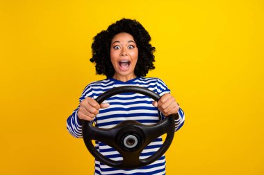 Photo of astonished speechless woman with chevelure hold steering wheel staring at crash isolated on bright yellow color background. clipart