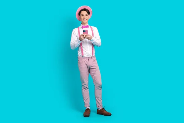 Full Body Photo Clever Guy Wear White Shirt Pink Bow — Stock Photo, Image