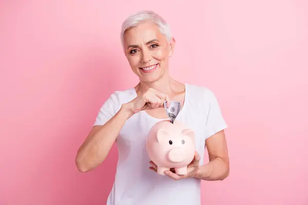 Photo Portrait Pretty Retired Female Hold Piggy Insert Banknote Money — Photo