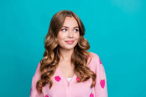 Portrait Photo Nice Adorable Young Sweet Lady Wearing Pink Cardigan — Stock Photo, Image
