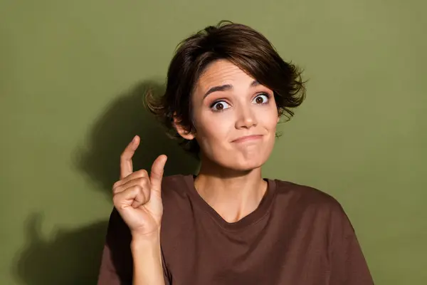 Portrait Confused Funny Girl Short Hair Wear Oversize Shirt Fingers — Stock Photo, Image