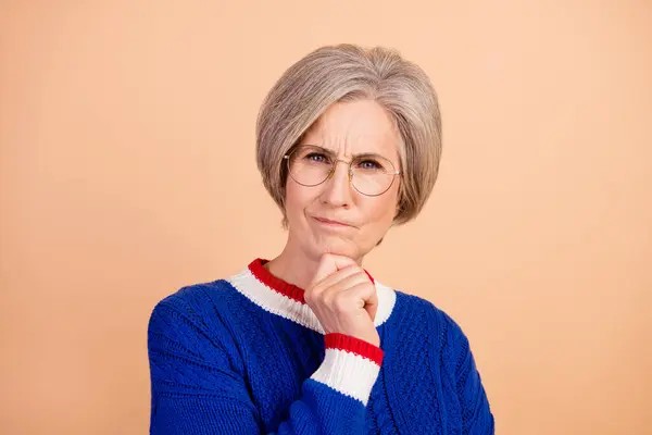 Portrait Minded Suspicious Senior Woman Wear Blue Jumper Eyewear Hold — Stock Photo, Image