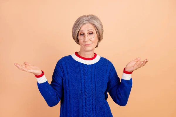 Portrait Clueless Indifferent Senior Woman Wear Blue Jumper Eyewear Shrug — Stock Photo, Image