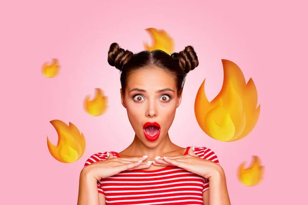 Photo collage picture image young pretty astonished girl showing amazed emotion reaction impressed open mouth fire icon twitter.