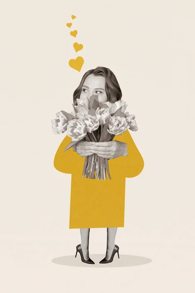 Vertikalt Collage Kreativ Bild Affisch Stående Ung Lycklig Kvinna Hålla — Stockfoto