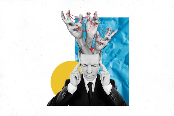Creative Abstract Template Collage Tired Businessman Hands Head Fabrication Fake — Stock Photo, Image