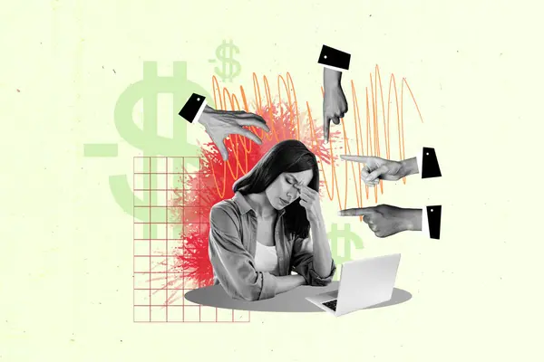 Foto Collage Imagen Imagen Sentado Desesperación Mujer Joven Trabajador Secretario —  Fotos de Stock