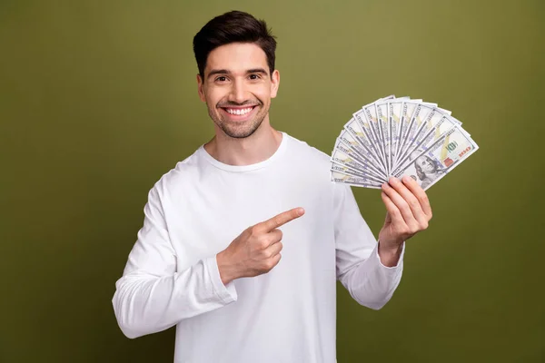 Portrait Optimistic Young Brunet Hair Handsome Millionaire Showing His Financial — Stock Photo, Image