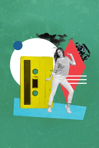 Magazine collage picture of funky carefree lady listening boombox music dancing isolated green color background.