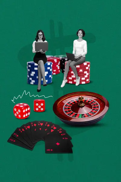 Foto Collage Konstverk Bild Glada Damer Njuter Online Casino Spel — Stockfoto