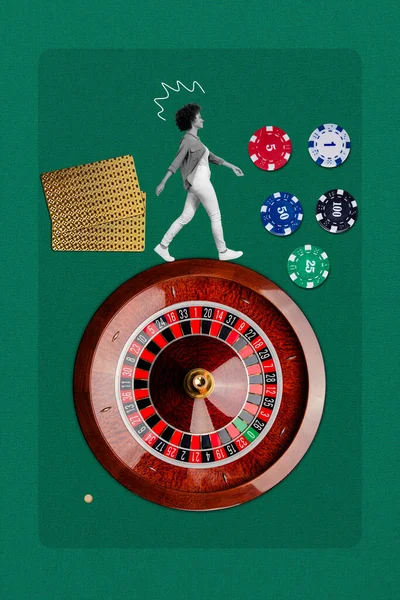 Vertical creative photo collage of miniature black white gamma woman walking on roulette wheel casino player leisure addiction luck winner.